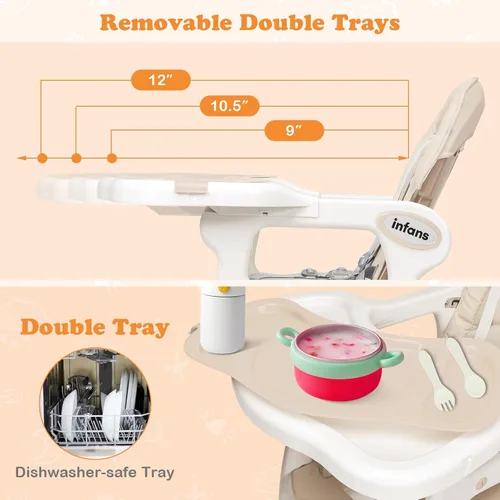 Miniatura 8 de INFANS 5 en 1 Silla Alta para Bebé, Juego de Silla y Mesa Convertible para Niños, Silla Mecedora, Asiento Multifuncional con Ruedas Universales Beige