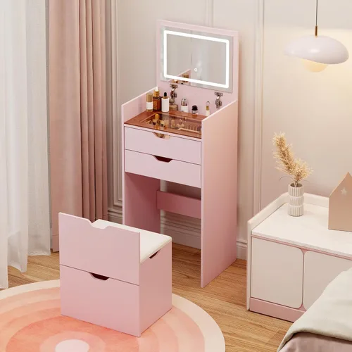 Escritorio de tocador 3 en 1 para dormitorio con espejo iluminado superior abatible, tocador de maquillaje compacto de 17.9 pulgadas con 3 cajones y