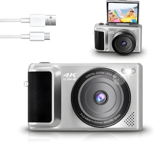 Cámara digital 4K, 64MP, zoom 18X, enfoque automático, pantalla abatible de 2.8 pulgadas de 180°, cámara de vlogging para, compacta, para