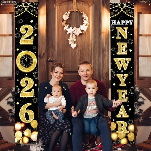 Miniatura 9 de KatchOn XtraLarge Pancarta de Feliz Año Nuevo 2026 – 72 x 12 pulgadas Pancarta de puerta de Feliz Año Nuevo negra y dorada para decoraciones