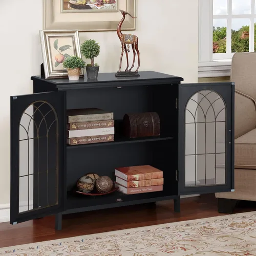 Miniatura 6 de Sophia & William Armario decorativo con 2 puertas, gabinete de almacenamiento envejecido con puerta de ventana de iglesia de metal para entrada