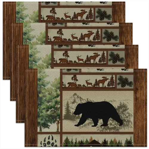 Manteles individuales con diseño de silueta de oso, ciervos salvajes, estampado de patas, a cuadros, para niños, adolescentes y adultos, estilo