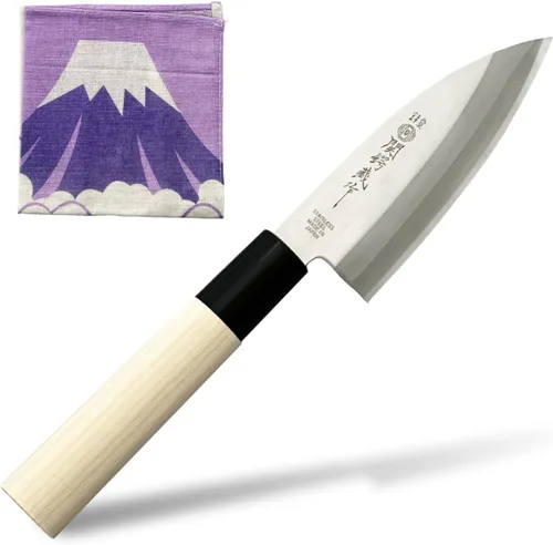 KAKUSEE Seki Tsubazo - Cuchillo Deba pequeño de 3.9 pulgadas y juego de tela de pintura japonesa, cuchillo de chef japonés para pescado y carne,