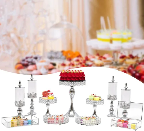 Miniatura 13 de YIYIBYUS Juego de 9 soportes de cristal para tartas, soporte para cupcakes, frutas, dulces, postres con cuentas de cristal para mesa de postre, 9
