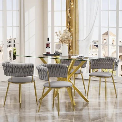 Miniatura 18 de Juego de mesa de comedor de cristal negro de 47 pulgadas para 4, juego de mesa de cocina minimalista moderno y 4 sillas de comedor de terciopelo