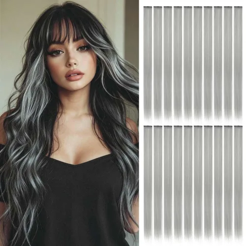 Miniatura 14 de 20 extensiones de cabello con clip de colores para niñas, extensiones de cabello arcoíris multicolor de 20 pulgadas, reflejos instantáneos, piezas