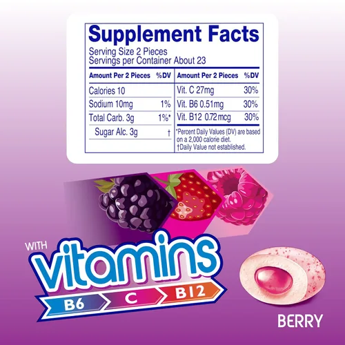Miniatura 2 de Mentos Goma de mascar de vitaminas, goma de mascar sin azúcar con vitaminas y edulcorante de xilitol, bayas, botella de 45 unidades, 6 botellas