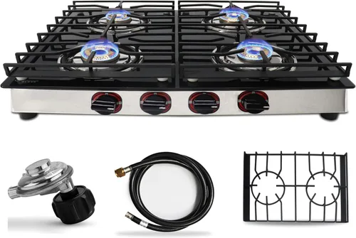 Estufa de gas de 4 quemadores – Estufa de encimera de vidrio templado negro de 25 pulgadas, estufa de gas inoxidable, 4 quemadores, estufa de rv