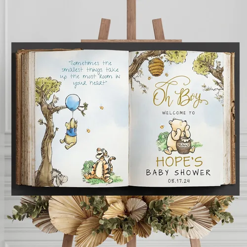 Miniatura 20 de Letrero personalizado para baby shower de oso Pooh, diseño clásico de vegetación personalizada, letrero de bienvenida para patio de baby shower