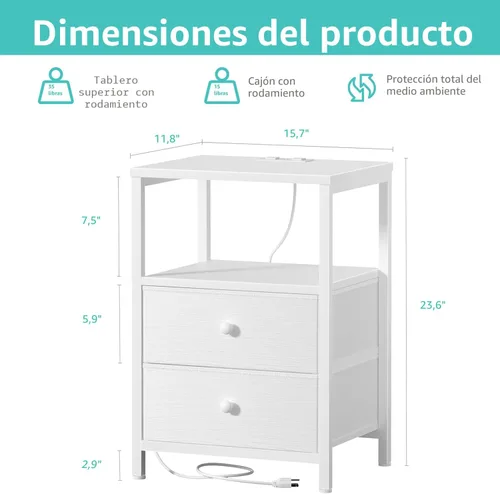 Miniatura 3 de BOLUO Mesita de noche blanca con estación de carga, mesa de noche LED con 2 cajones de tela, mesa auxiliar con puertos USB y tomas de corriente