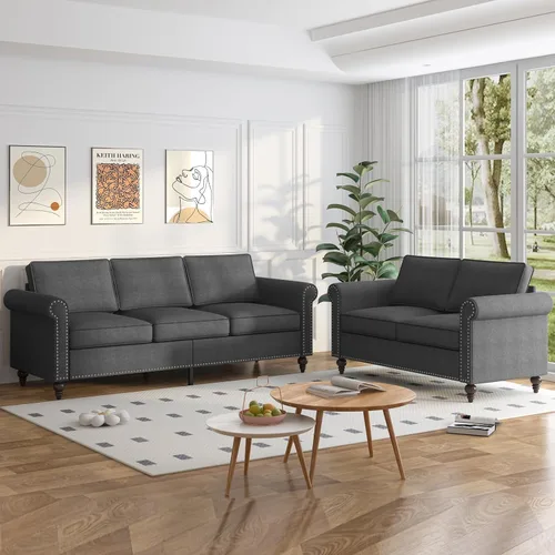 Miniatura 13 de PUREMIND Juego de sofá de 2 piezas para muebles de sala de estar, juego de sofá y silla de oficina moderno de lino con patas de madera maciza, sofá
