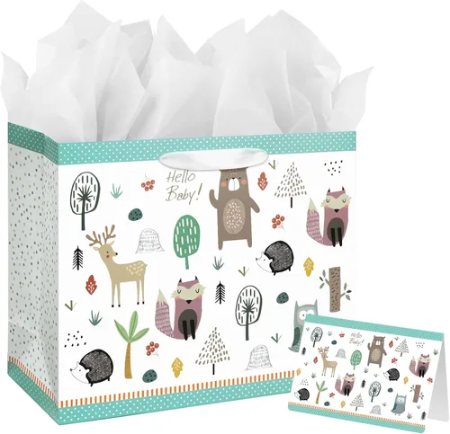 Bolsa de regalo grande de 13 pulgadas con tarjeta y papel de seda para baby shower, cumpleaños de niños (animales del bosque)