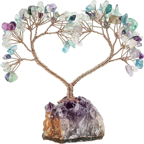 Miniatura 9 de TUMBEELLUWA Árbol de dinero con piedras de cristal con base de racimo de amatista natural, hecho a mano, figura de amor, árbol bonsái para buena