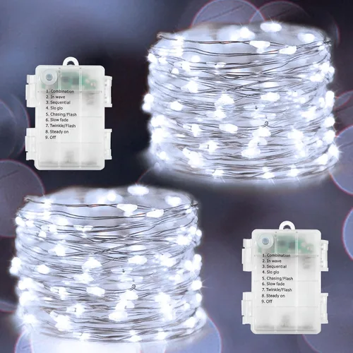 Miniatura 10 de echosari Paquete de 2 Luces de Hadas Rojas a Pilas 200 LED 66 Pies Alambre Plateado Luces de Cadena Estrelladas Temporizador Automático 8 Modos Rojo