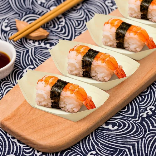 Miniatura 5 de Hemoton 100 botes desechables de bambú para sushi, bandeja de madera biodegradable, 5.5 x 3.14 x 1.57 pulgadas, 100 piezas, para sushi, aperitivo