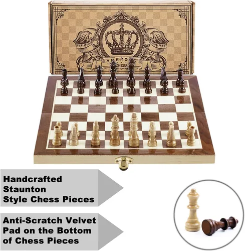 Miniatura 6 de AMEROUS Juego de ajedrez magnético de madera de 12 x 12 pulgadas para niños y 6 años en adelante, 2 reinas adicionales, tablero plegable con ranuras
