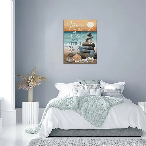 Miniatura 2 de Lienzo inspirador de playa costera, arte para pared, diseño de piedras zen, puesta de sol y océano, decoración de pared, citas de vida, impresiones