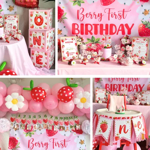 Miniatura 7 de RainMeadow Juego de decoraciones de primer cumpleaños de bayas de alta calidad, decoraciones de primer cumpleaños de fresa para niña con pancarta