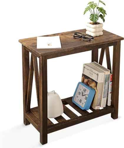Miniatura 13 de Mesa auxiliar de granja, mesa auxiliar estrecha para sala de estar, mesas auxiliares delgadas con estante de almacenamiento, mesita de noche de 2