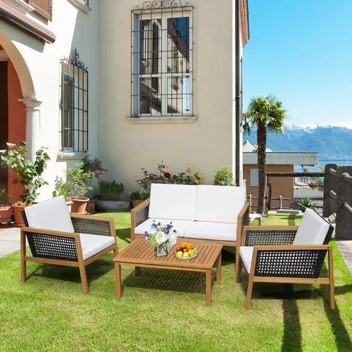 Miniatura 3 de COSTWAY Juego de muebles de mimbre para patio, sofá de mimbre para exteriores con marco de madera de acacia, mesa auxiliar y cojines