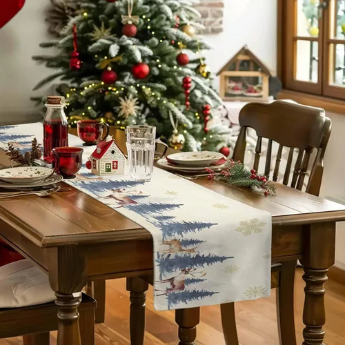 Miniatura 5 de Camino de Mesa de Ciervos Navideños de Campo - Algodón y Lino de 36 Pulgadas, Bufandas para Tocador Navideñas, Árbol de Navidad Acuarela Alce