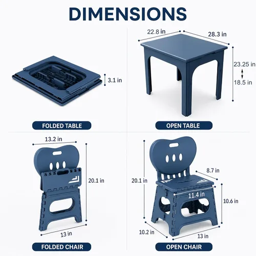 Miniatura 8 de UNICOO® Juego de mesa plegable y ajustable en altura para niños con 2 sillas plegables, compacto, plegable y portátil, para actividades de niños Azul