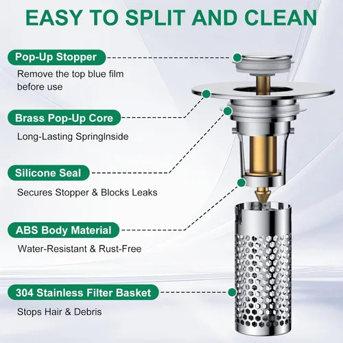 Miniatura 6 de Colador de drenaje para lavabo de baño, tapón emergente para lavabo atrapa cabellos, cesta de filtro de drenaje de acero inoxidable Ysilver-2