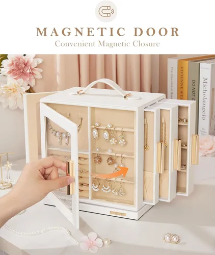 Miniatura 7 de Homde Joyero de regalo de Navidad con rotación de 360, organizador de aretes y collar con ventana transparente, espejo, 7 cajones, estuche