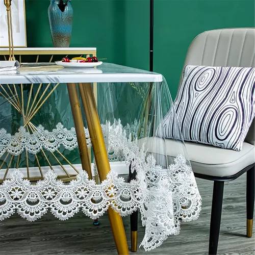 Miniatura 16 de Mantel redondo de plástico transparente, impermeable, de vinilo, PVC, bordado, borde de encaje, transparente, para cocina, uso en exteriores e