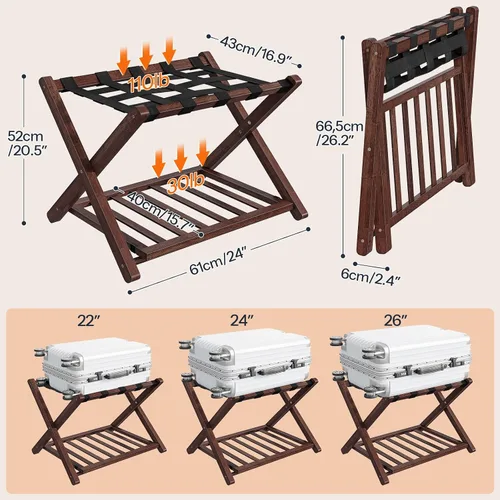 Miniatura 4 de HOOBRO Portaequipajes, soporte plegable para equipaje, soporte de maleta de bambú para habitación de invitados, con estante de soporte de correa