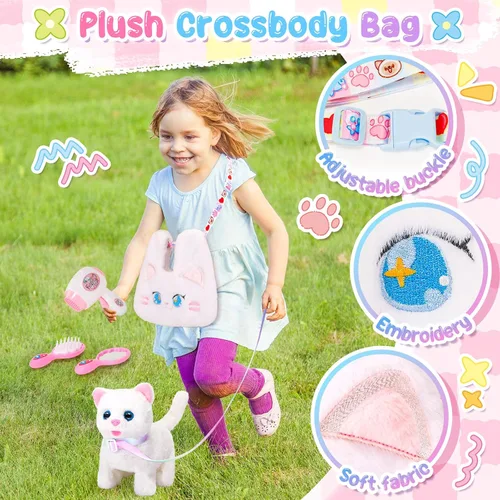 Miniatura 5 de NINAOR Juguetes interactivos para gatos para niños con bolsas bandolera, peluche de gato con correa para caminar y maullar, juguete de robot gatito