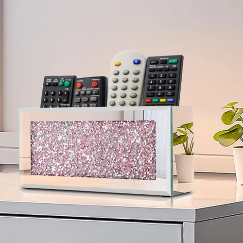 Miniatura 4 de Pibeyer Soporte de pared para control remoto con espejo, organizador remoto de diamante plateado aplastado, caja de almacenamiento decorativa