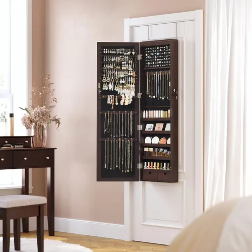 Miniatura 75 de Songmics - UJJC93W - Armario para joyas que se puede cerrar con llave, de montaje en pared o puerta, con espejo de 6 luces LED, para organización
