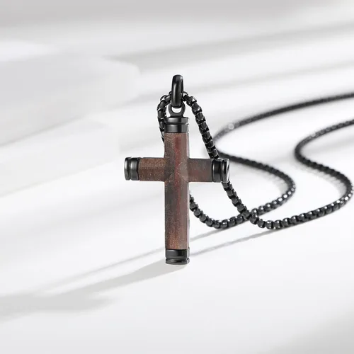 Miniatura 5 de Collar de cruz de madera para hombre, sándalo real con incrustaciones a mano collares de cruz para hombre, colgante de crucifijo de acero inoxidable