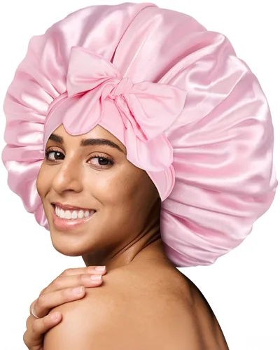 Miniatura 36 de Gorro de satén de seda para dormir con banda ancha para cabello rizado, color rosado oro rosa claro