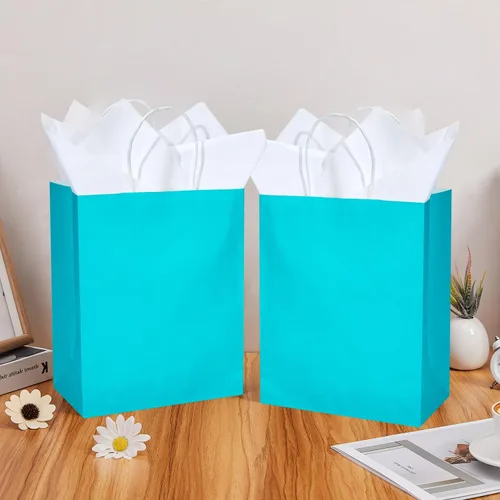 Miniatura 5 de DjinnGlory Paquete de 50 bolsas de regalo de papel azul turquesa de tamaño mediano con asas de 10 x 8 x 4 pulgadas y 50 papel de seda blanco