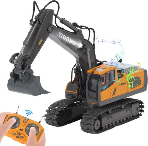 HuiJuKeJi Juguete de excavadora de control remoto de 11 canales, vehículo de construcción RC recargable de 2.4 GHz para niños, rotación de 680°,