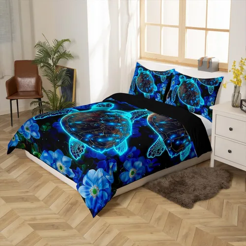 Miniatura 2 de Juego de funda de edredón de tortuga marina verde azulado brillante, flores azules, océano, juego de ropa de cama Queen para niños y niños, funda