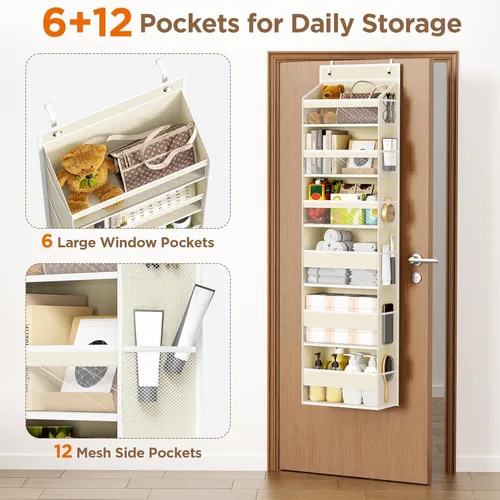 Miniatura 4 de Mefirt Organizador para colgar sobre la puerta, 6 estantes para colgar en la puerta con 6 bolsillos de gran capacidad, estantes colgantes