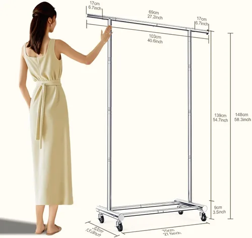 Miniatura 2 de TigerParty Perchero para colgar ropa, perchero de ropa resistente de acero inoxidable, perchero rodante extensible y ajustable con ruedas
