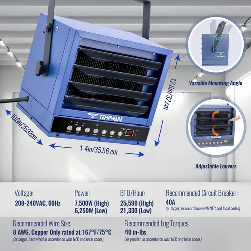 Miniatura 3 de TEMPWARE Calentador eléctrico de garaje de 7500 W, 240 V con cableado digital de montaje en techo con ventilador forzado con control remoto