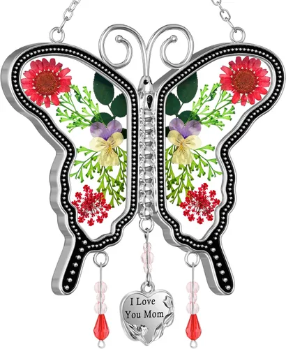 Miniatura 11 de KY&BOSAM Atrapasoles de cristal con diseño de mariposa para colgar ventanas, chaim de viento con flor preservada y dije de corazón de metal, regalo