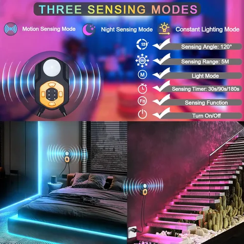 Miniatura 5 de Tira de luz LED con sensor de movimiento debajo de la cama, 9.84 pies, control remoto/aplicación, regulable, sincronización de música, temporizador