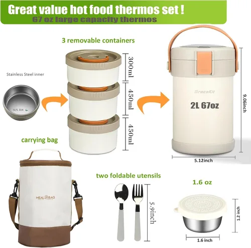 Miniatura 3 de Audult - Contenedor térmico de alimentos calientes de 67 onzas, contenedor de alimentos aislado de acero inoxidable de 2 litros de 3 capas, termo
