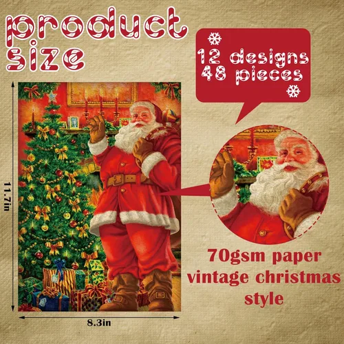 Miniatura 2 de PerKoop 48 hojas de papel de decoupage vintage navideño de 8.3 x 11.7 pulgadas, 12 estilos de papel de Papá Noel navideño, servilleta de papel