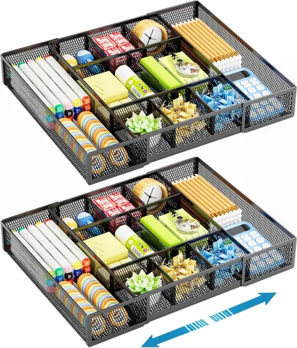 Marbrasse Organizador de cajones de escritorio expandible, bandeja organizadora de cajones de malla con 10 compartimentos ajustables, organizadores
