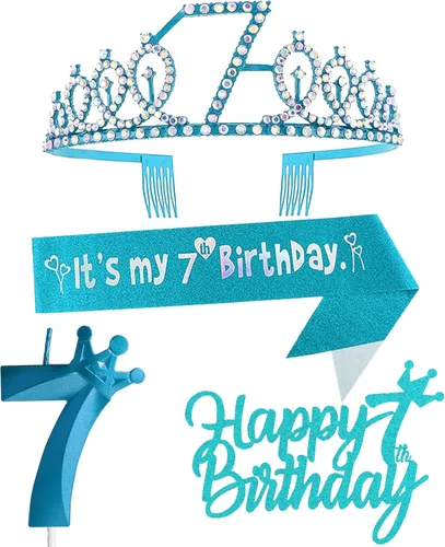 Miniatura 52 de Decoraciones de cumpleaños número 7 para niña, que incluyen corona/tiara de cumpleaños número 7, banda, adorno para pastel de cumpleaños y velas