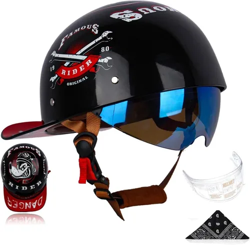 Gorra de béisbol para motocicleta, 3 unidades, aprobado por DOT, estilo vintage, cara abierta, unisex, para adultos, medios cascos de doble lente