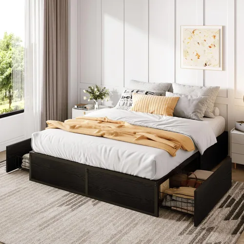SHA CERLIN Base de cama de plataforma Queen con 2 cajones de almacenamiento grandes, madera rústica y metal, sin ruido, fácil montaje, no necesita