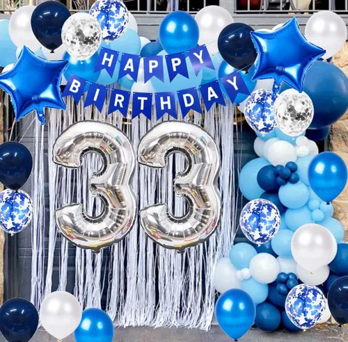 Miniatura 4 de Decoración de fiesta de cumpleaños número 33, color azul y plateado para hombres, pancarta de feliz cumpleaños número 33, globos de papel de 33rd